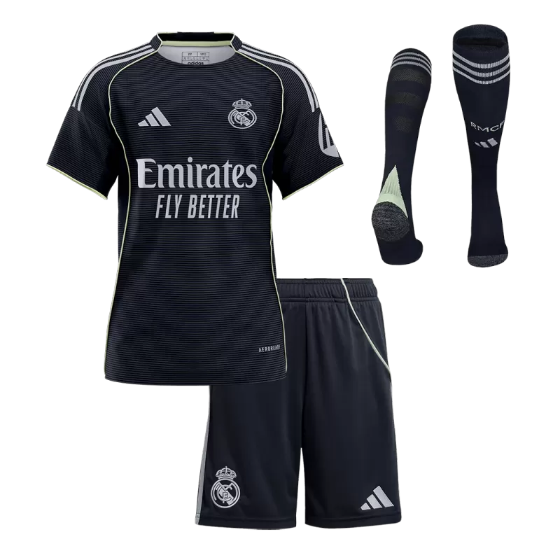 Kit da calcio da trasferta per bambini del Real Madrid (maglia+pantaloncini+calzini) 2025/26