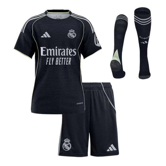 Kit da calcio da trasferta per bambini del Real Madrid (maglia+pantaloncini+calzini) 2025/26